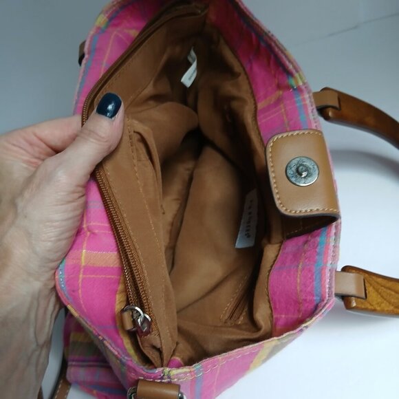 Seersucker & Hemp Plaids & Stripes Wood Satchel Handle & Removable Strap NWOT - Picture 7 of 8